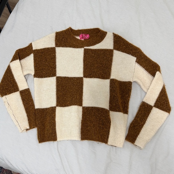 double down Sweaters - Alpaca Wool OS Checkered Crew Sweater Brown Cream